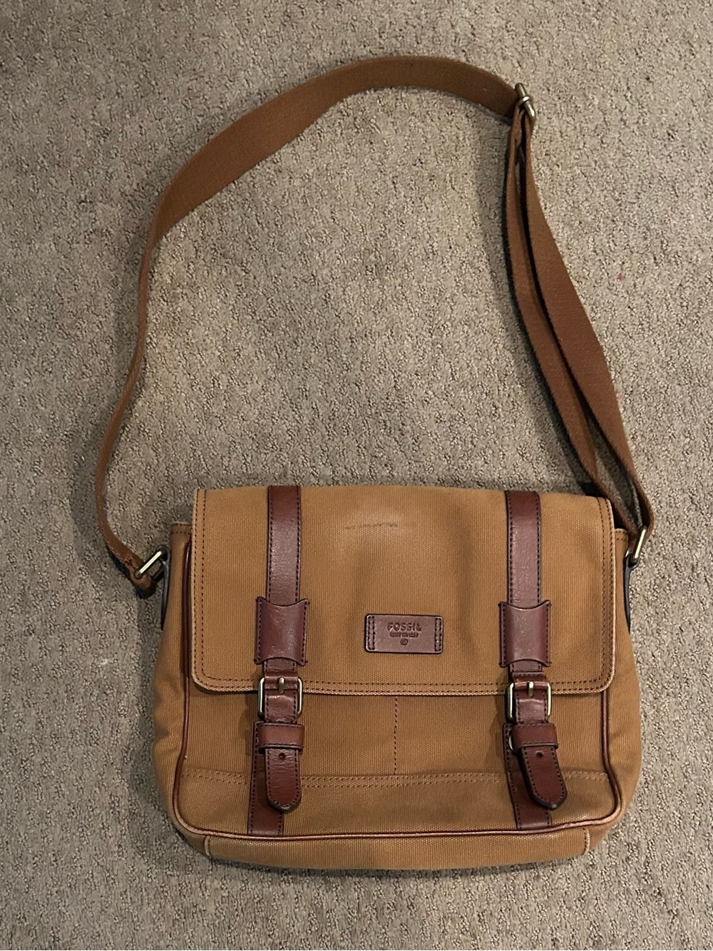 Fossil Canvas Messenger Bag with Leather Trim - Tan